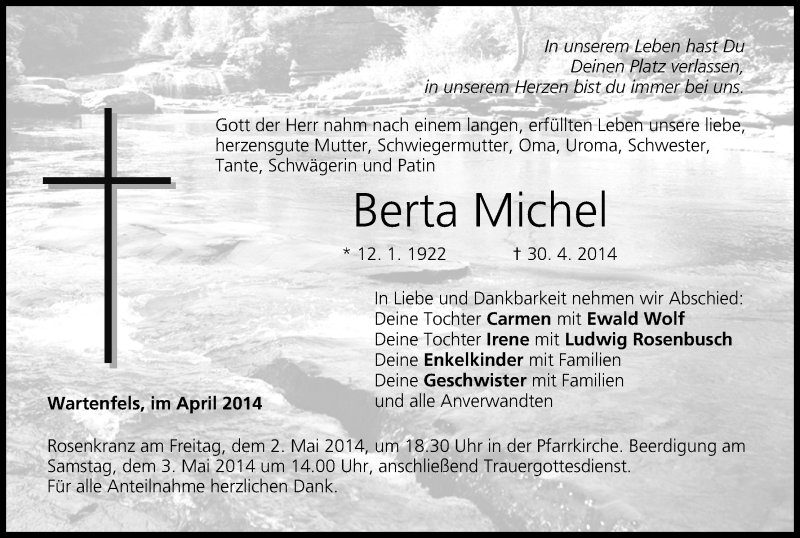  Traueranzeige für Berta Michel vom 01.05.2014 aus MGO