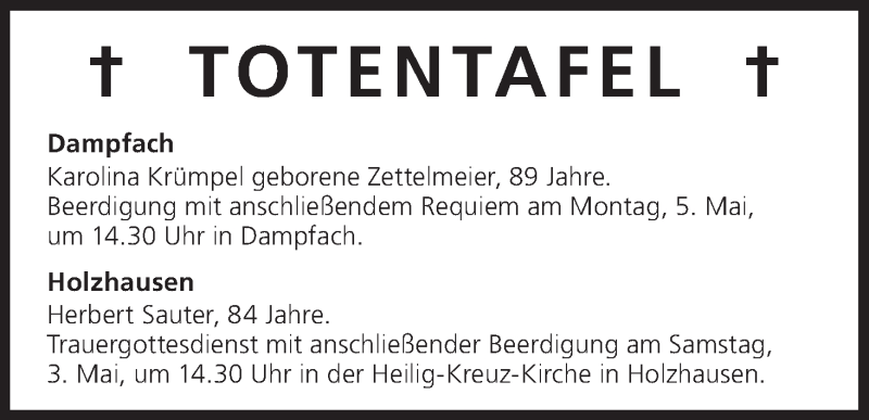  Traueranzeige für Totentafel vom 03.05.2014 vom 03.05.2014 aus MGO