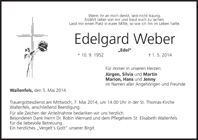  Traueranzeige für Edelgard Weber vom 05.05.2014 aus MGO
