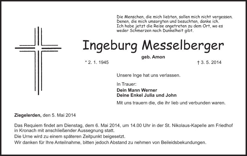  Traueranzeige für Ingeburg Messelberger vom 05.05.2014 aus MGO