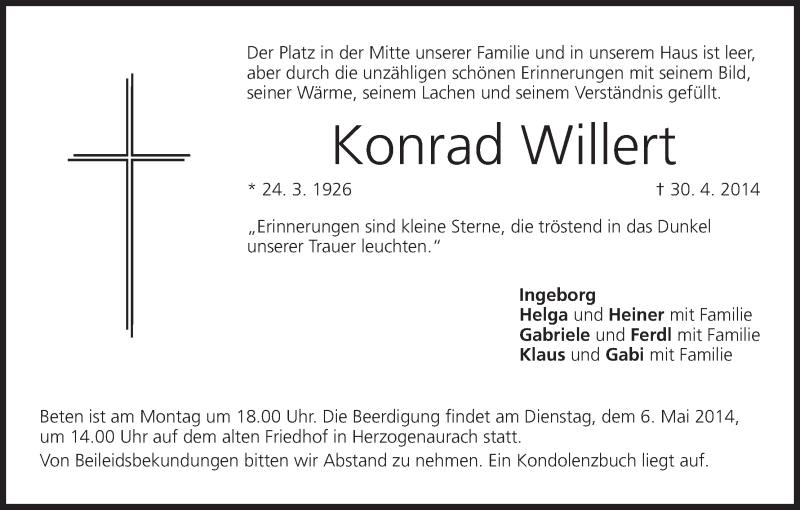  Traueranzeige für Konrad Willert vom 03.05.2014 aus MGO