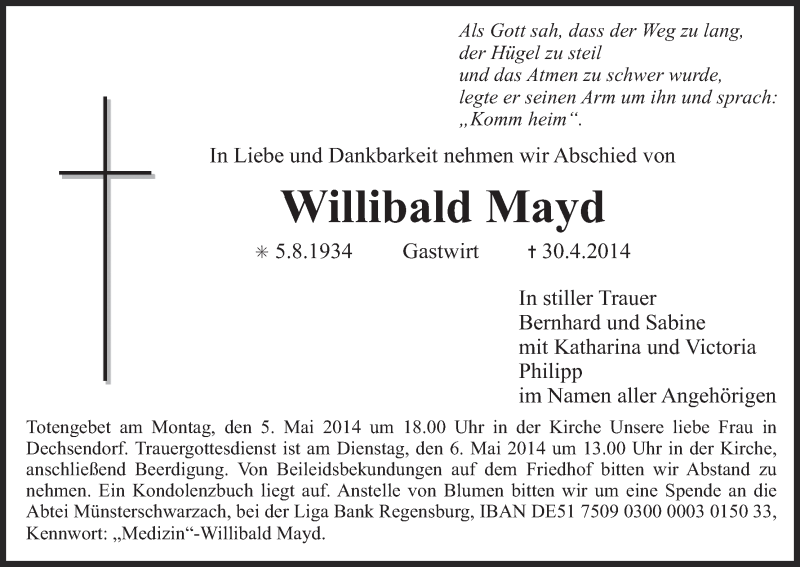  Traueranzeige für Willibald Mayd vom 03.05.2014 aus MGO