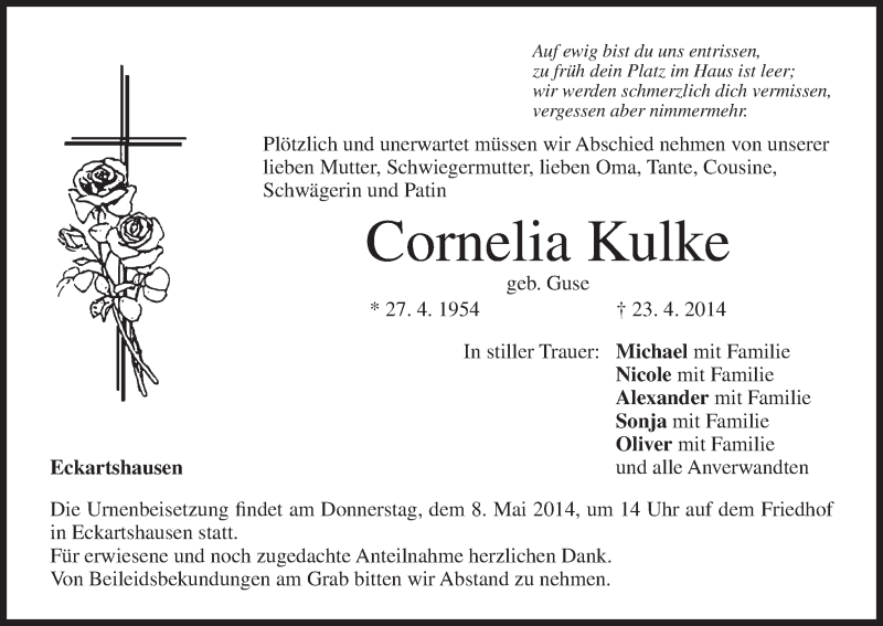  Traueranzeige für Cornelia Kulke vom 03.05.2014 aus MGO