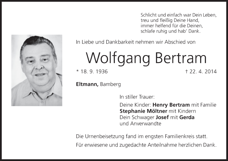  Traueranzeige für Wolfgang Bertram vom 03.05.2014 aus MGO