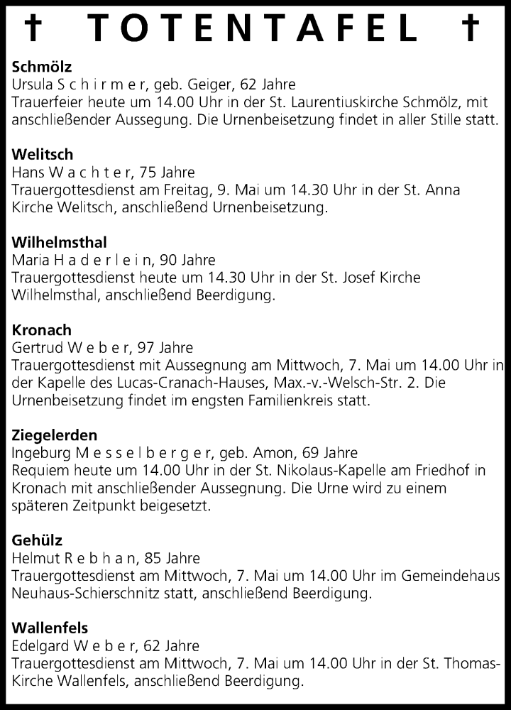  Traueranzeige für Totentafel vom 06.05.2014 vom 06.05.2014 aus MGO