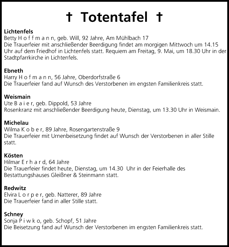 Traueranzeige für Totentafel vom 06.05.2014 vom 06.05.2014 aus MGO