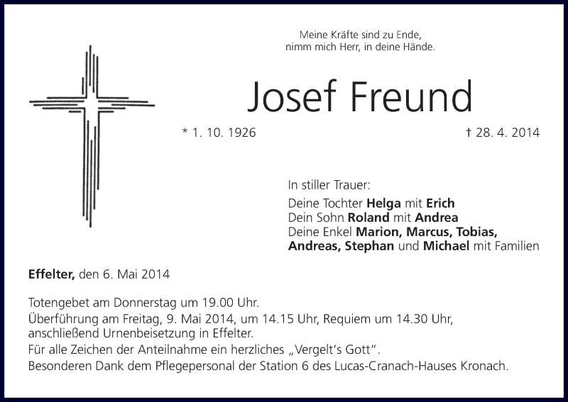  Traueranzeige für Josef Freund vom 06.05.2014 aus MGO
