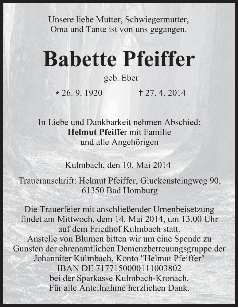  Traueranzeige für Babette Pfeiffer vom 10.05.2014 aus MGO