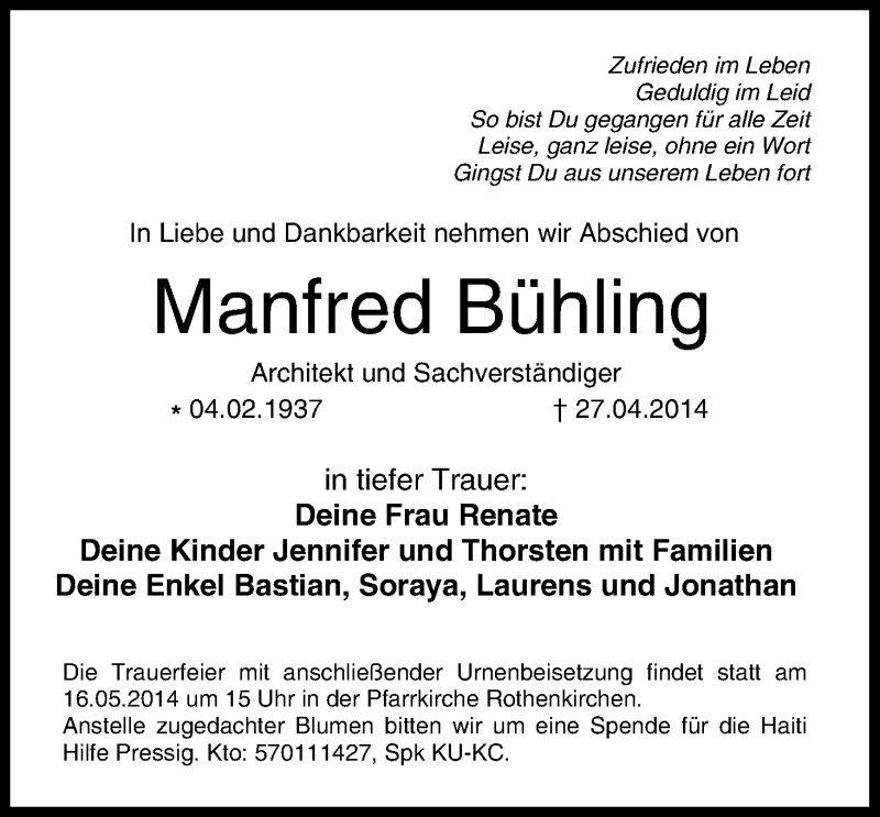  Traueranzeige für Manfred Bühling vom 12.05.2014 aus MGO