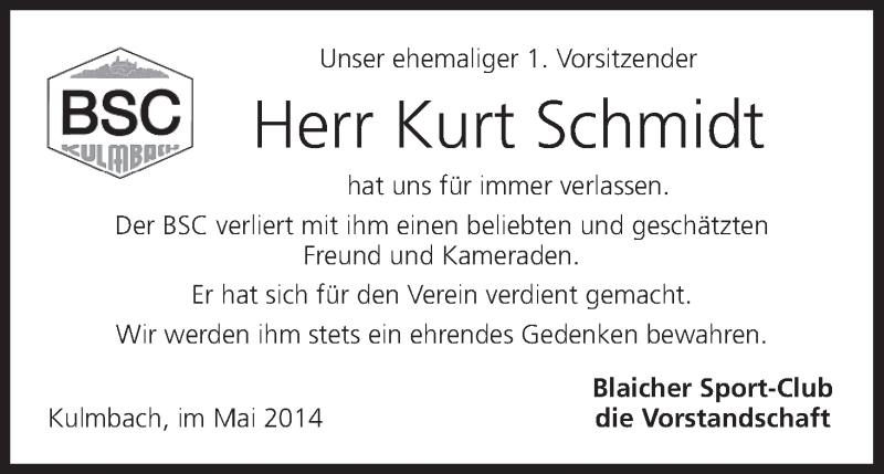  Traueranzeige für Kurt Schmidt vom 07.05.2014 aus MGO