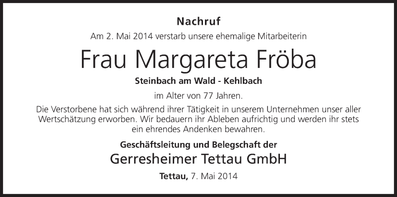  Traueranzeige für Margareta Fröba vom 07.05.2014 aus MGO