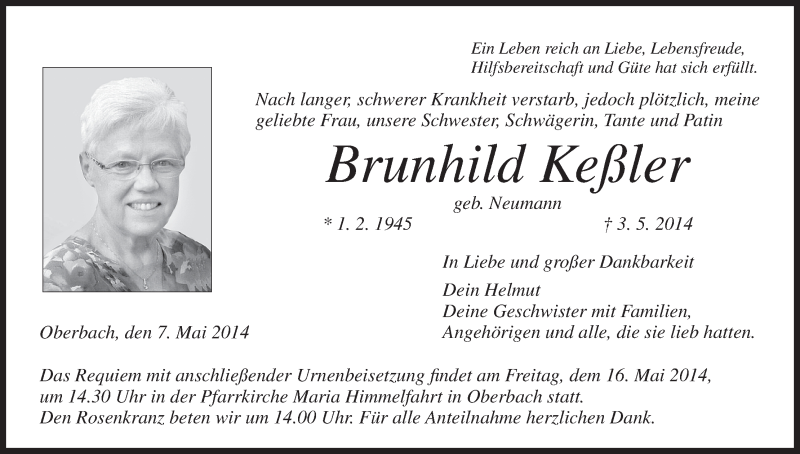  Traueranzeige für Brunhild Keßler vom 07.05.2014 aus MGO