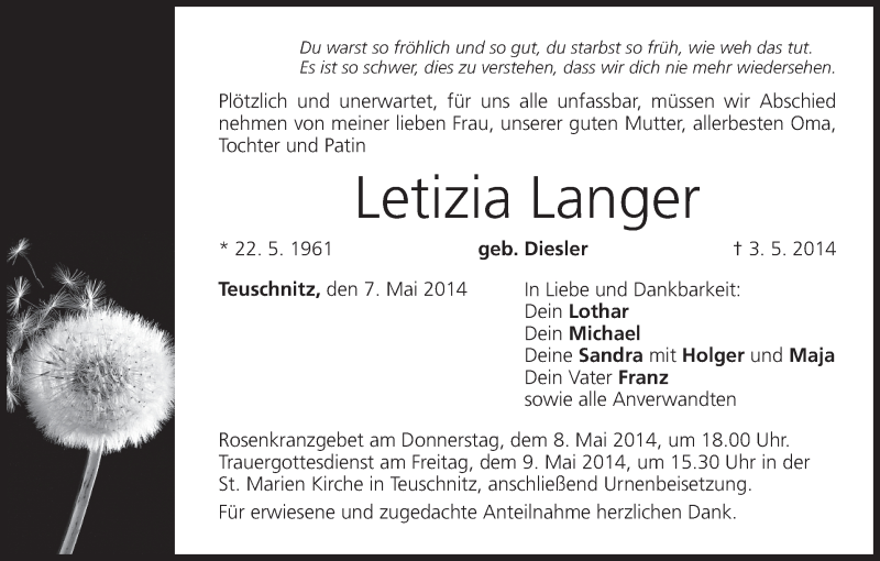 Traueranzeige für Letizia Langer vom 07.05.2014 aus MGO