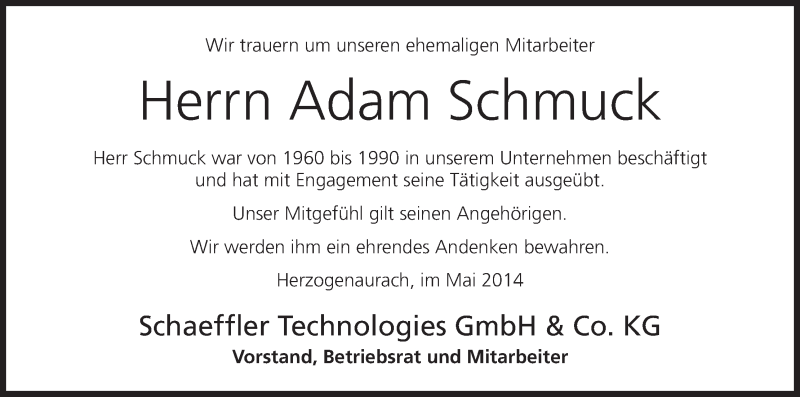  Traueranzeige für Adam Schmuck vom 07.05.2014 aus MGO