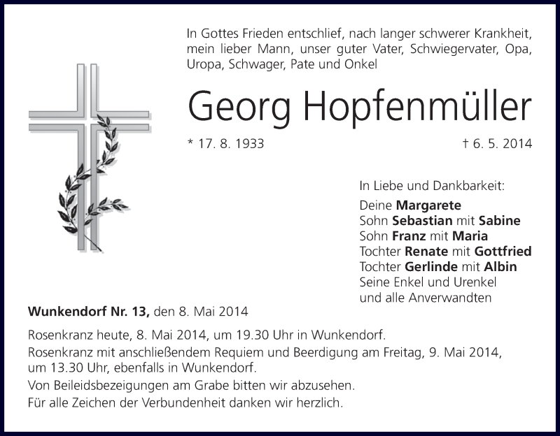  Traueranzeige für Georg Hopfenmüller vom 08.05.2014 aus MGO