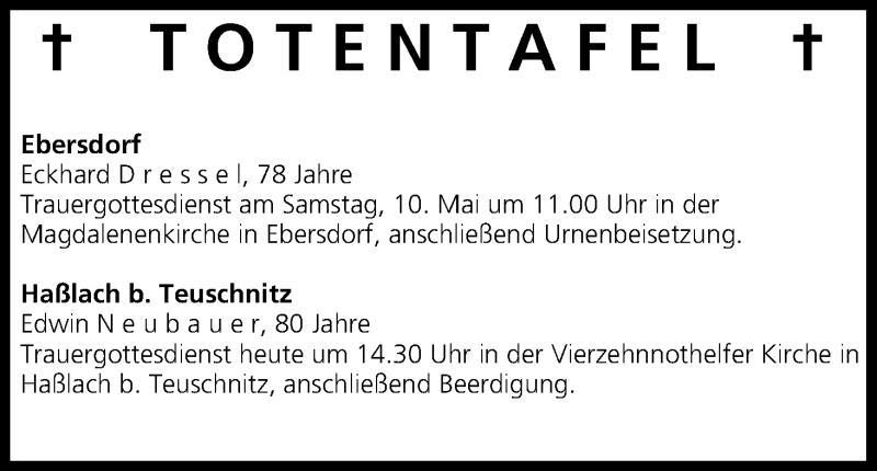  Traueranzeige für Totentafel  vom 09.05.2014 aus MGO