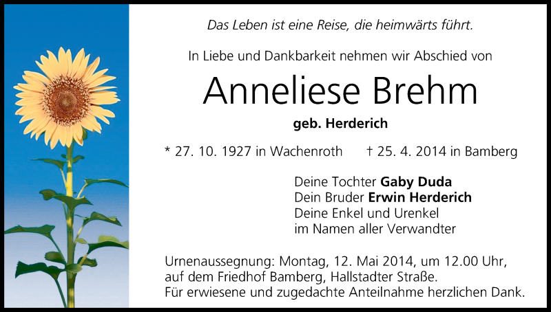  Traueranzeige für Anneliese Brehm vom 10.05.2014 aus MGO