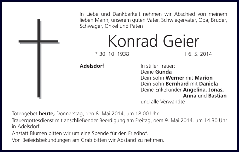  Traueranzeige für Konrad Geier vom 08.05.2014 aus MGO
