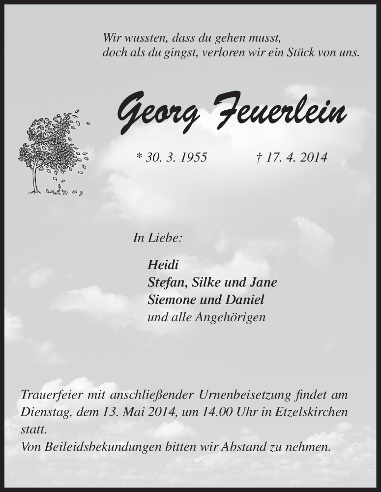  Traueranzeige für Georg Feuerlein vom 09.05.2014 aus MGO
