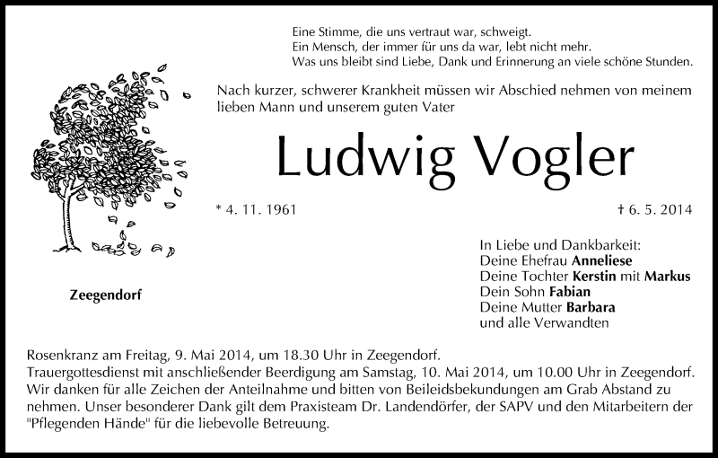  Traueranzeige für Ludwig Vogler vom 08.05.2014 aus MGO
