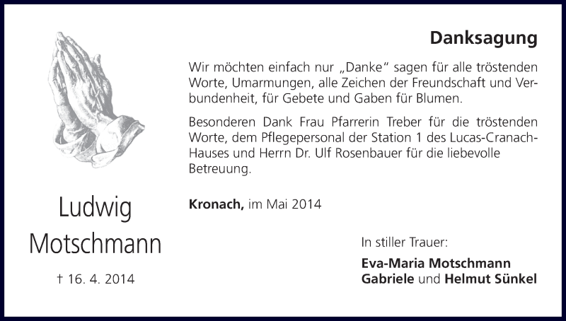  Traueranzeige für Ludwig Motschmann vom 10.05.2014 aus MGO