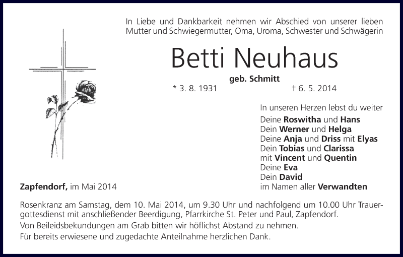  Traueranzeige für Betti Neuhaus vom 09.05.2014 aus MGO