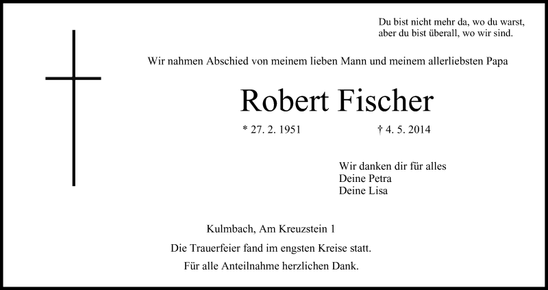  Traueranzeige für Robert Fischer vom 09.05.2014 aus MGO