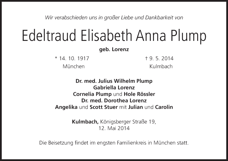  Traueranzeige für Edeltraud Elisabeth Anna Plump vom 12.05.2014 aus MGO