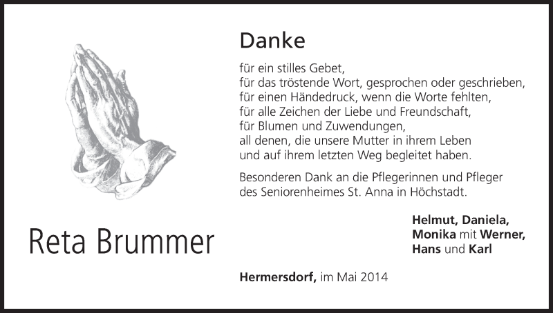  Traueranzeige für Reta Brummer vom 12.05.2014 aus MGO