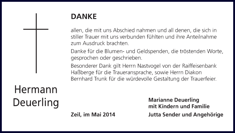  Traueranzeige für Hermann Deuerling vom 10.05.2014 aus MGO