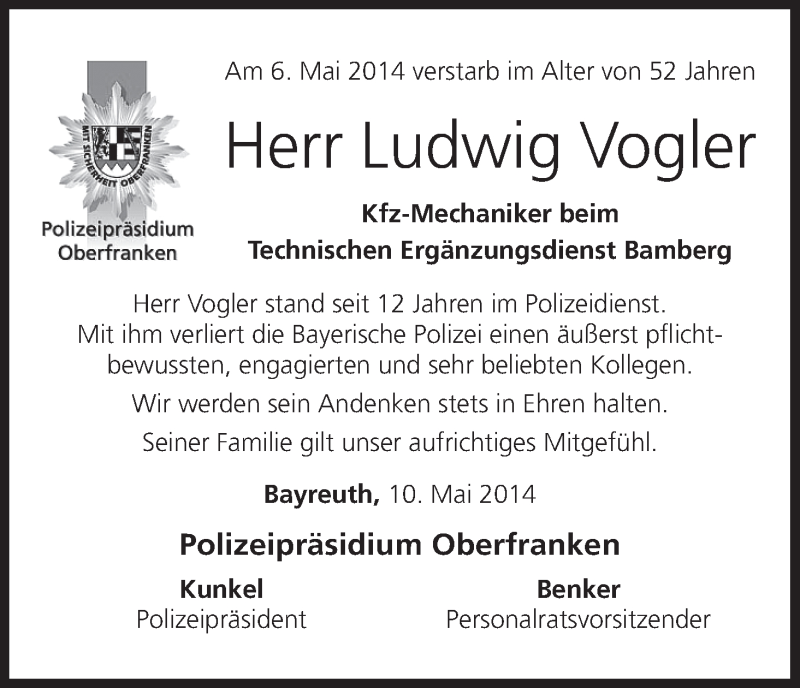  Traueranzeige für Ludwig Vogler vom 10.05.2014 aus MGO