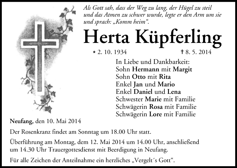  Traueranzeige für Herta Küpferling vom 10.05.2014 aus MGO