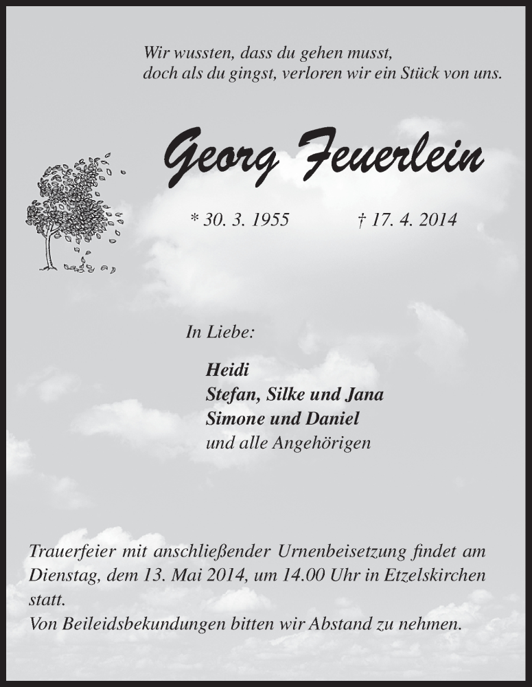  Traueranzeige für Georg Feuerlein vom 10.05.2014 aus MGO