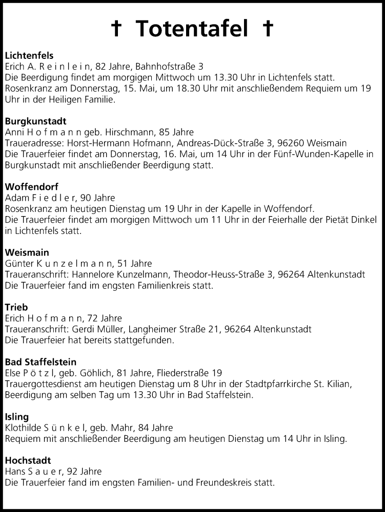  Traueranzeige für Totentafel 13.05.2014 vom 13.05.2014 aus MGO