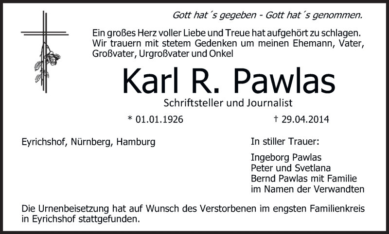  Traueranzeige für Karl R Pawlas vom 15.05.2014 aus MGO