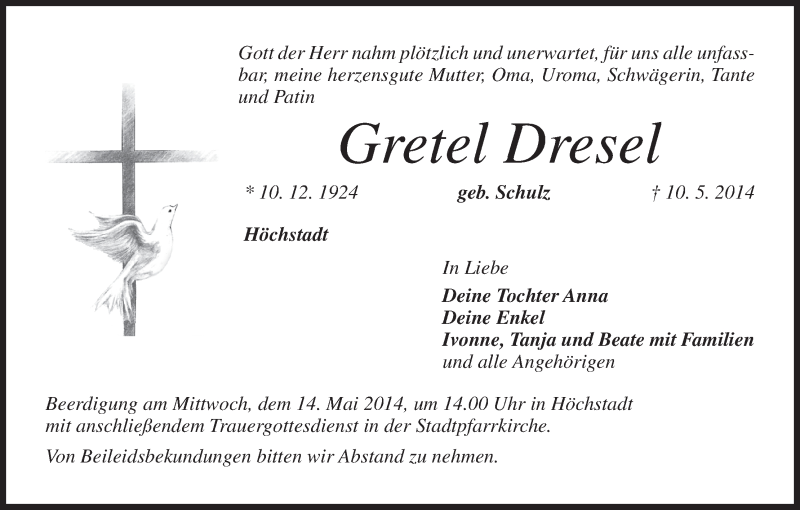  Traueranzeige für Gretel Dresel vom 13.05.2014 aus MGO