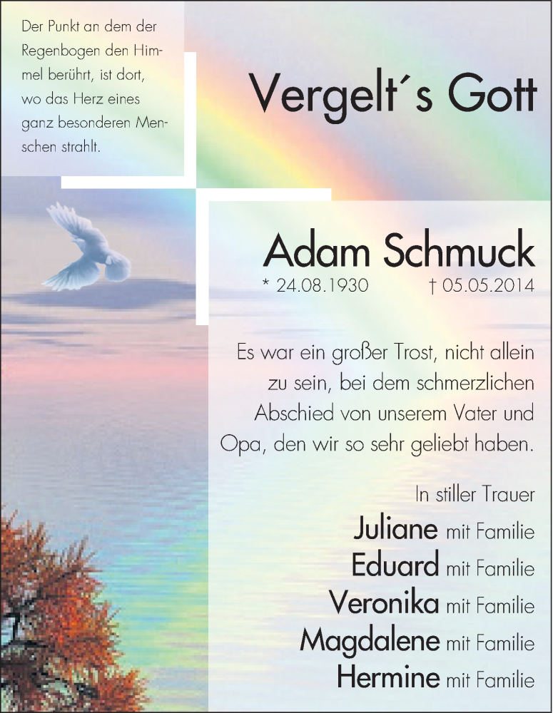  Traueranzeige für Adam Schmuck vom 14.05.2014 aus MGO