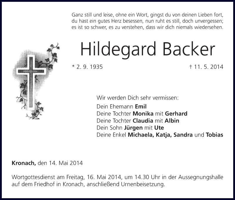  Traueranzeige für Hildegard Backer vom 14.05.2014 aus MGO
