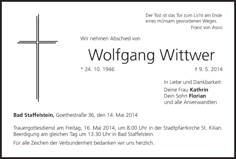  Traueranzeige für Wolfgang Wittwer vom 14.05.2014 aus MGO