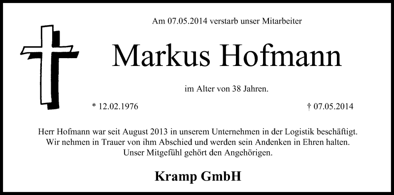  Traueranzeige für Markus Hofmann vom 17.05.2014 aus MGO