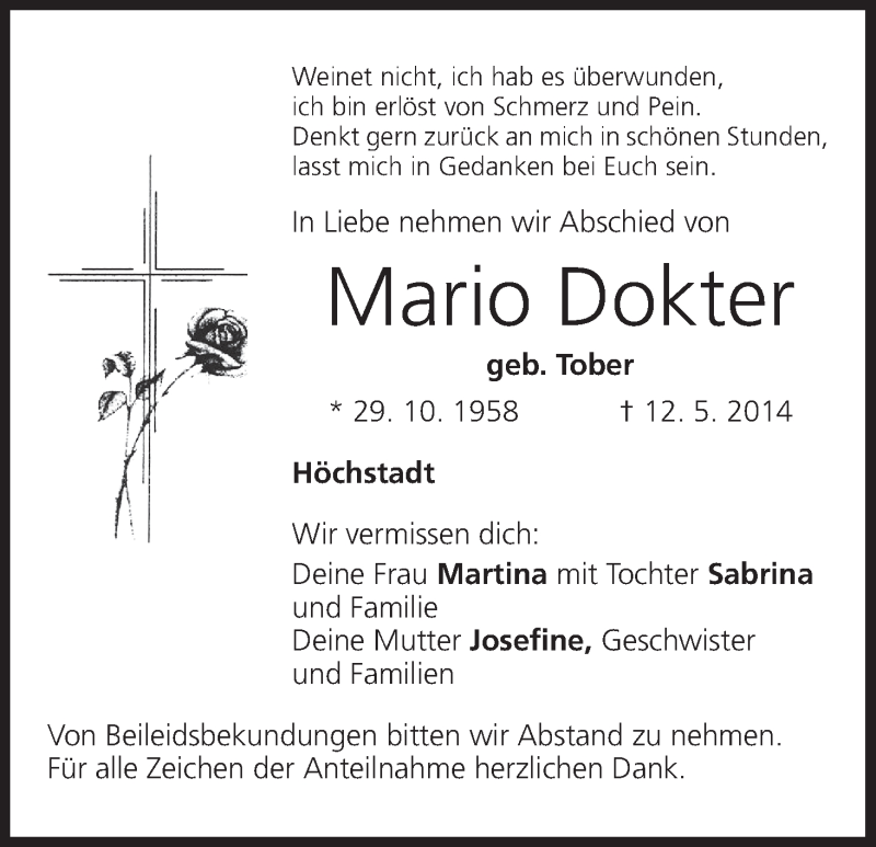  Traueranzeige für Mario Dokter vom 14.05.2014 aus MGO