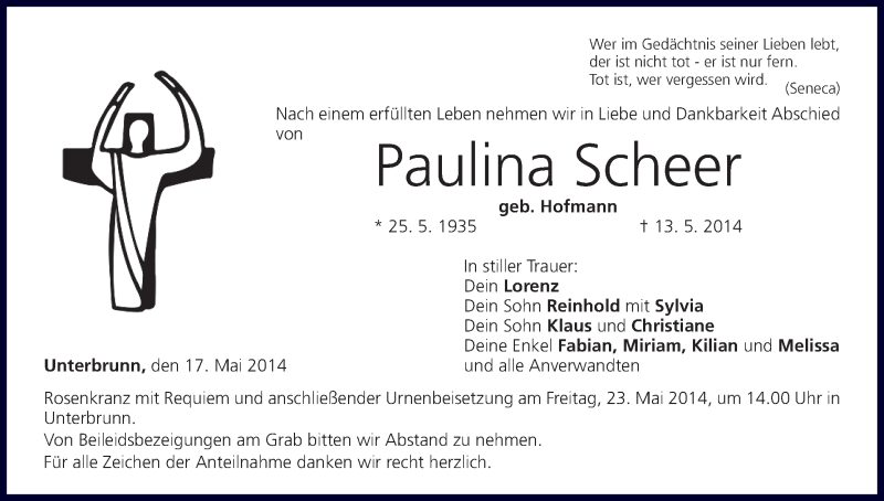  Traueranzeige für Paulina Scheer vom 17.05.2014 aus MGO