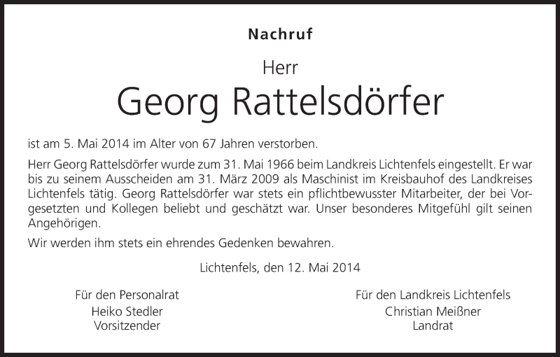  Traueranzeige für Georg Rattelsdörfer vom 15.05.2014 aus MGO