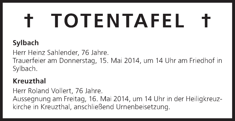  Traueranzeige für Totentafel 15.05.2014 vom 15.05.2014 aus MGO