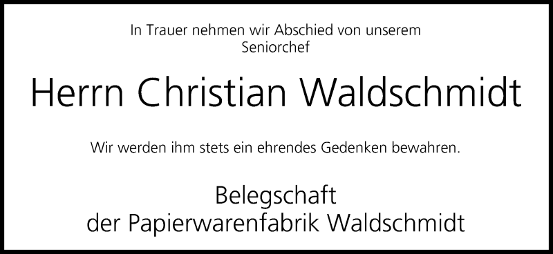  Traueranzeige für Christian Waldschmidt vom 17.05.2014 aus MGO