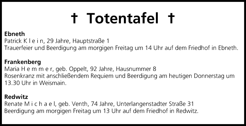  Traueranzeige für Totentafel 15.05.2014 vom 15.05.2014 aus MGO