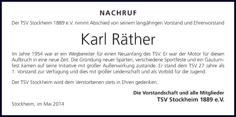  Traueranzeige für Karl Räther vom 16.05.2014 aus MGO