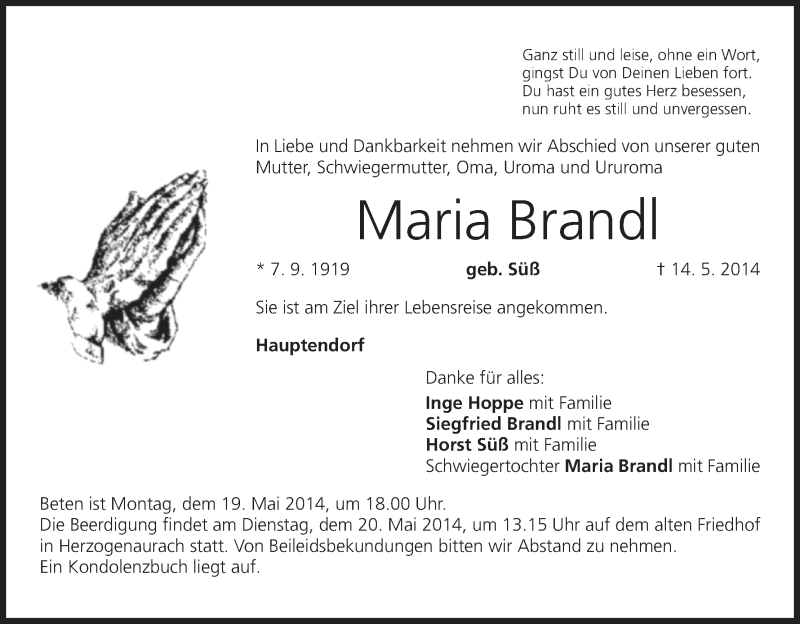  Traueranzeige für Maria Brandl vom 17.05.2014 aus MGO