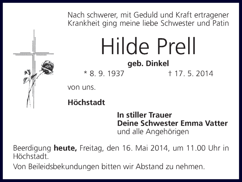  Traueranzeige für Hilde Prell vom 16.05.2014 aus MGO