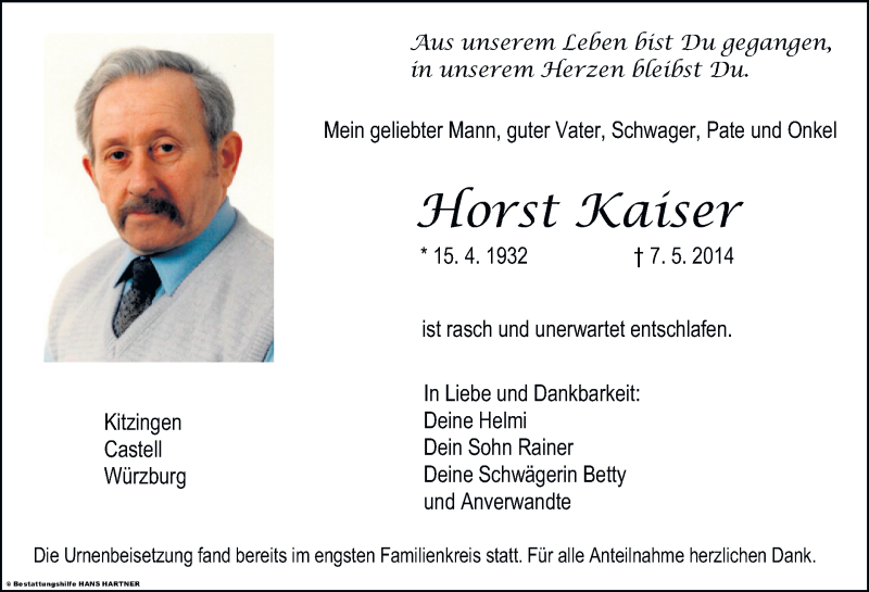  Traueranzeige für Horst Kaiser vom 24.05.2014 aus MGO